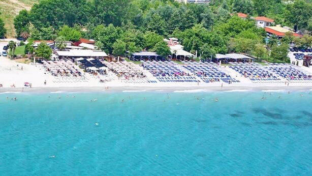 An aerial view of a beach with rows of sun loungers and umbrellas, a sandy shore, and a backdrop of trees and buildings. - Seaview family apartment at Olympus - PanoramaLoft (Litochoro)