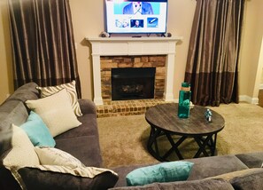 TV, fireplace, table football
