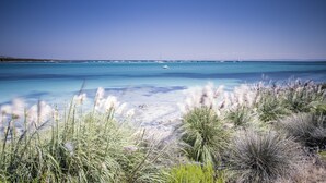 Paisagem costeira com águas turquesa cristalinas, barcos e vegetação típica da costa.