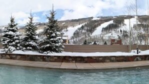 Ein Pool mit schneebedeckten Bäumen und Bergen im Hintergrund.