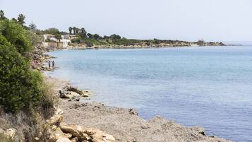 On the beach, sun-loungers