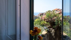 Une fenêtre donnant sur une ville côtière, un rocher orné de plantes et un vase rempli de fleurs.
