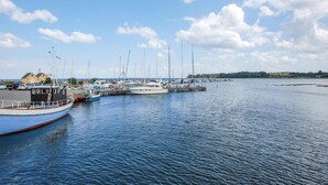 Una marina amb vaixells amarrats, un moll que s'enduu a l'aigua i una costa llunyana amb edificis.