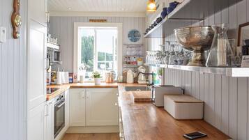 Fridge, stovetop, dishwasher, coffee/tea maker