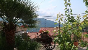 Terraço no telhado com palmeira, plantas em vasos, um carrinho de madeira e vista para montanhas.
