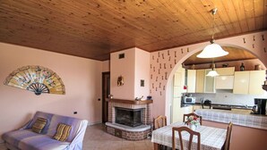 A cozy living room with a fireplace, a dining table with chairs, and a kitchen area with cabinets and a microwave. - Cosy apartment for 4 people with TV, terrace and pets allowed (Aurano)
