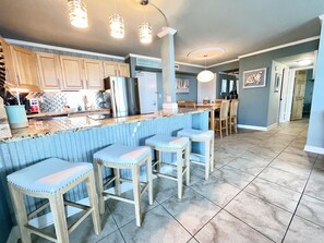 Fridge, microwave, oven, stovetop - Sabine 4D, Waterfront, Sleeps 6-Corner Unit -Sunset Views from every room! (Pensacola Beach)