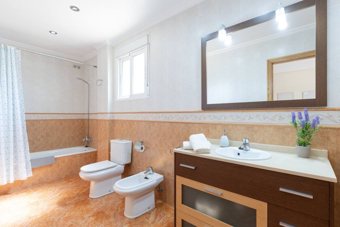 Une salle de bain avec une baignoire, deux toilettes, un bidet, un lavabo avec un miroir et une plante en pot.