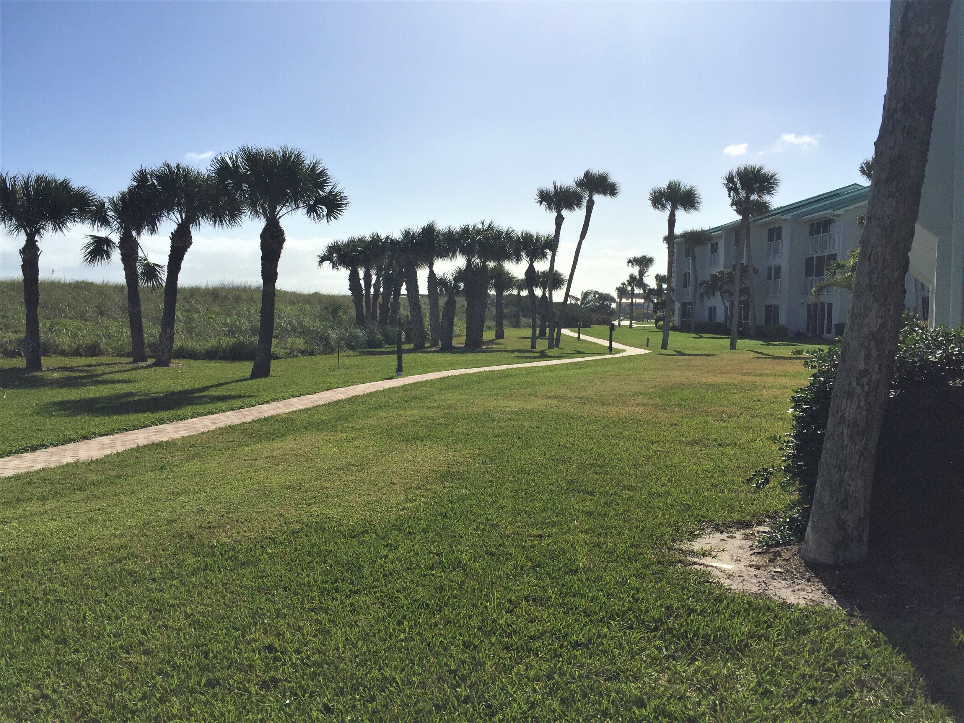A grassy area with a pathway leading to a building with multiple windows and a green roof.