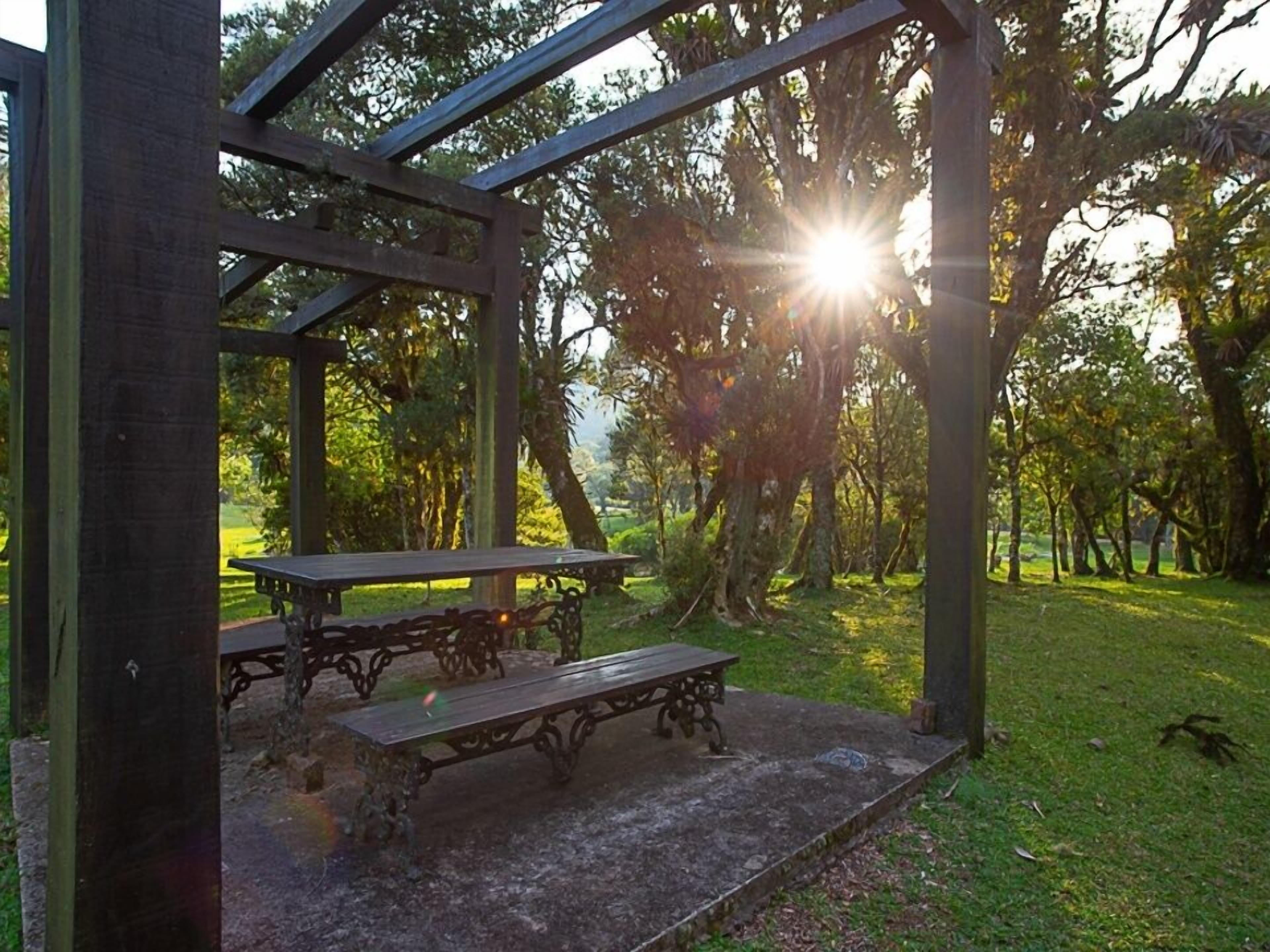 Un kiosque en bois, doté de bancs et d’une table, entouré d’arbres et d’herbe.