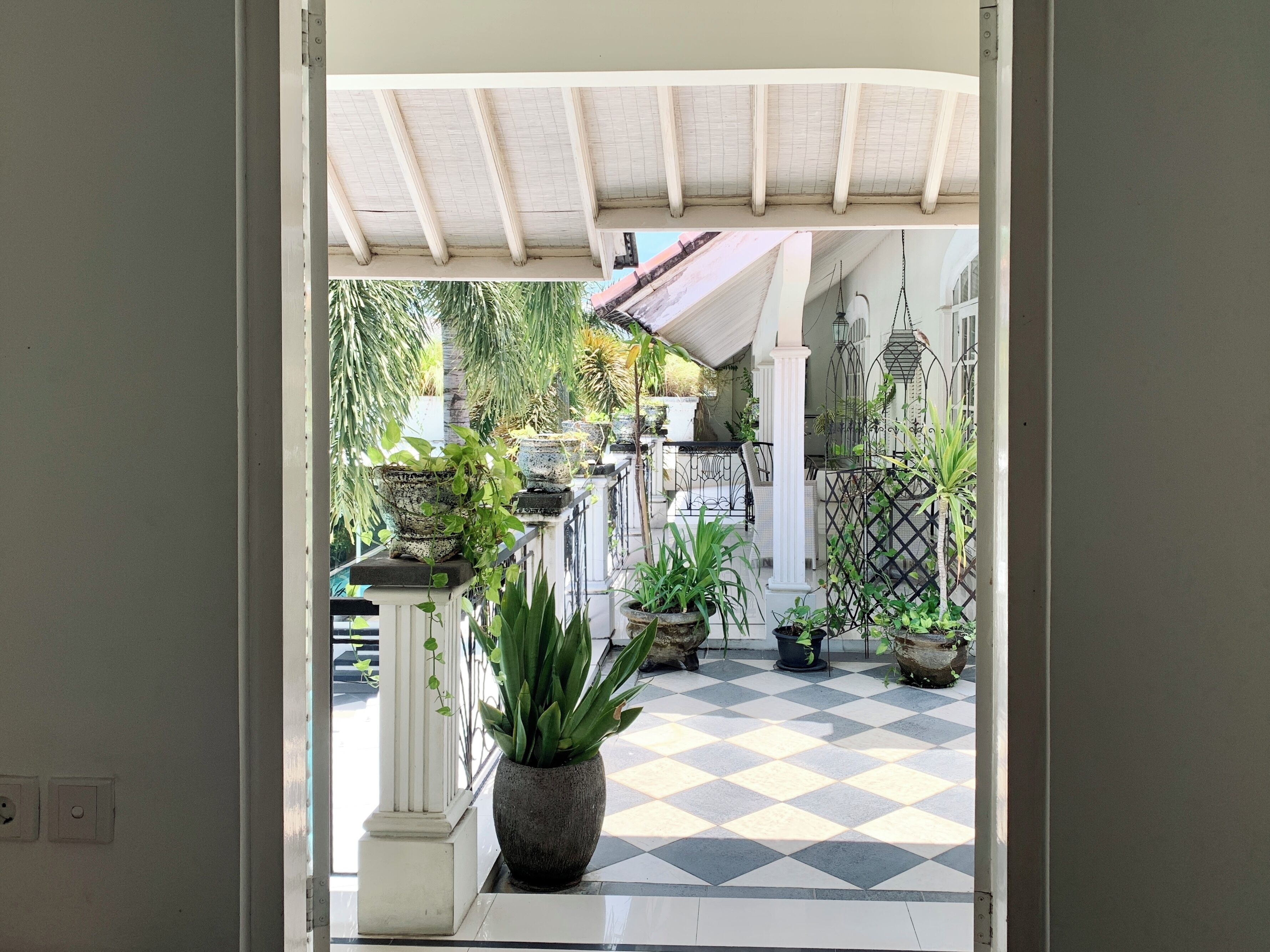 A covered outdoor area with a checkered floor, potted plants, and a white column structure.