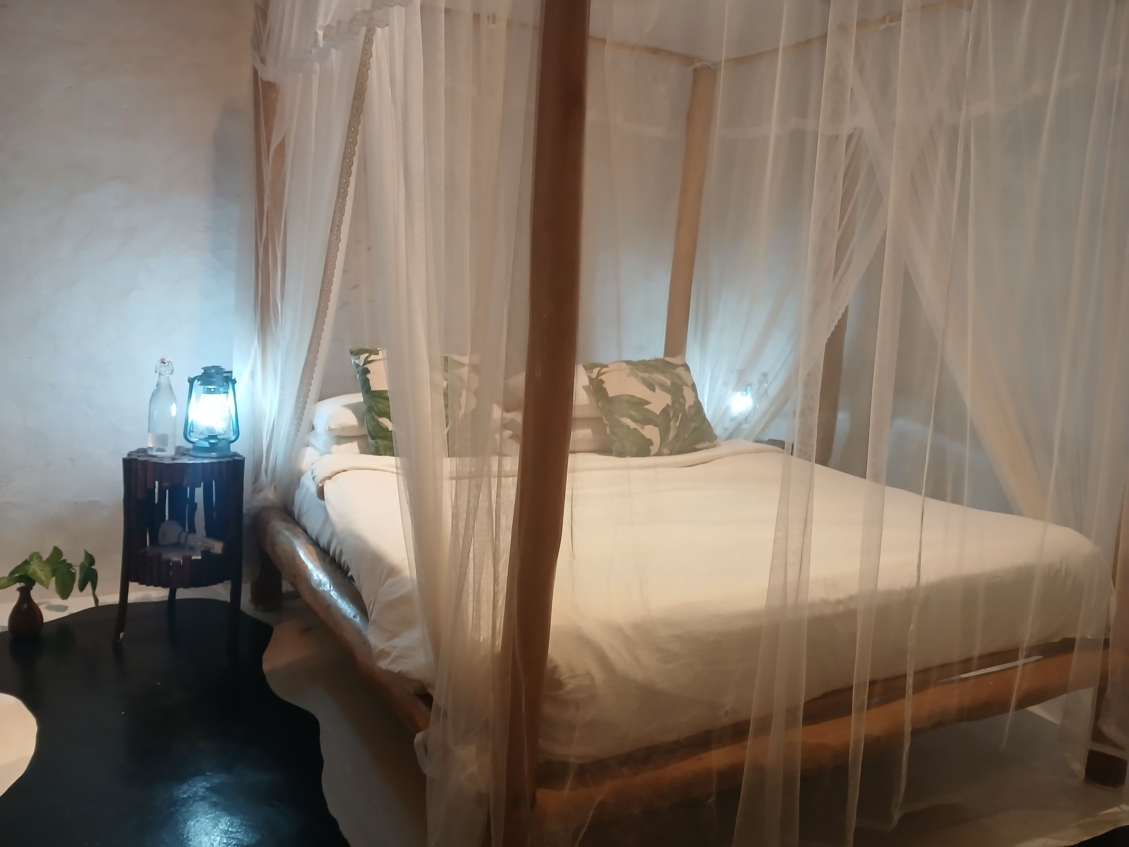 A bed with a canopy, a bedside table with a lantern, and a small potted plant.