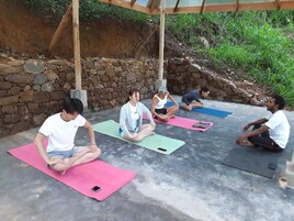 Un grupo de personas sentadas sobre esterillas de yoga al aire libre, con un muro de piedra y follaje en el fondo.