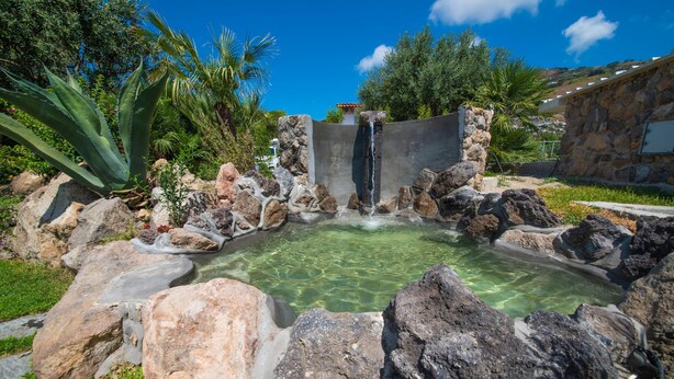 A natural pool surrounded by rocks and plants, with a waterfall feature.