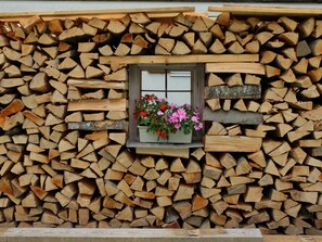 A stack of firewood with a window displaying flowers.