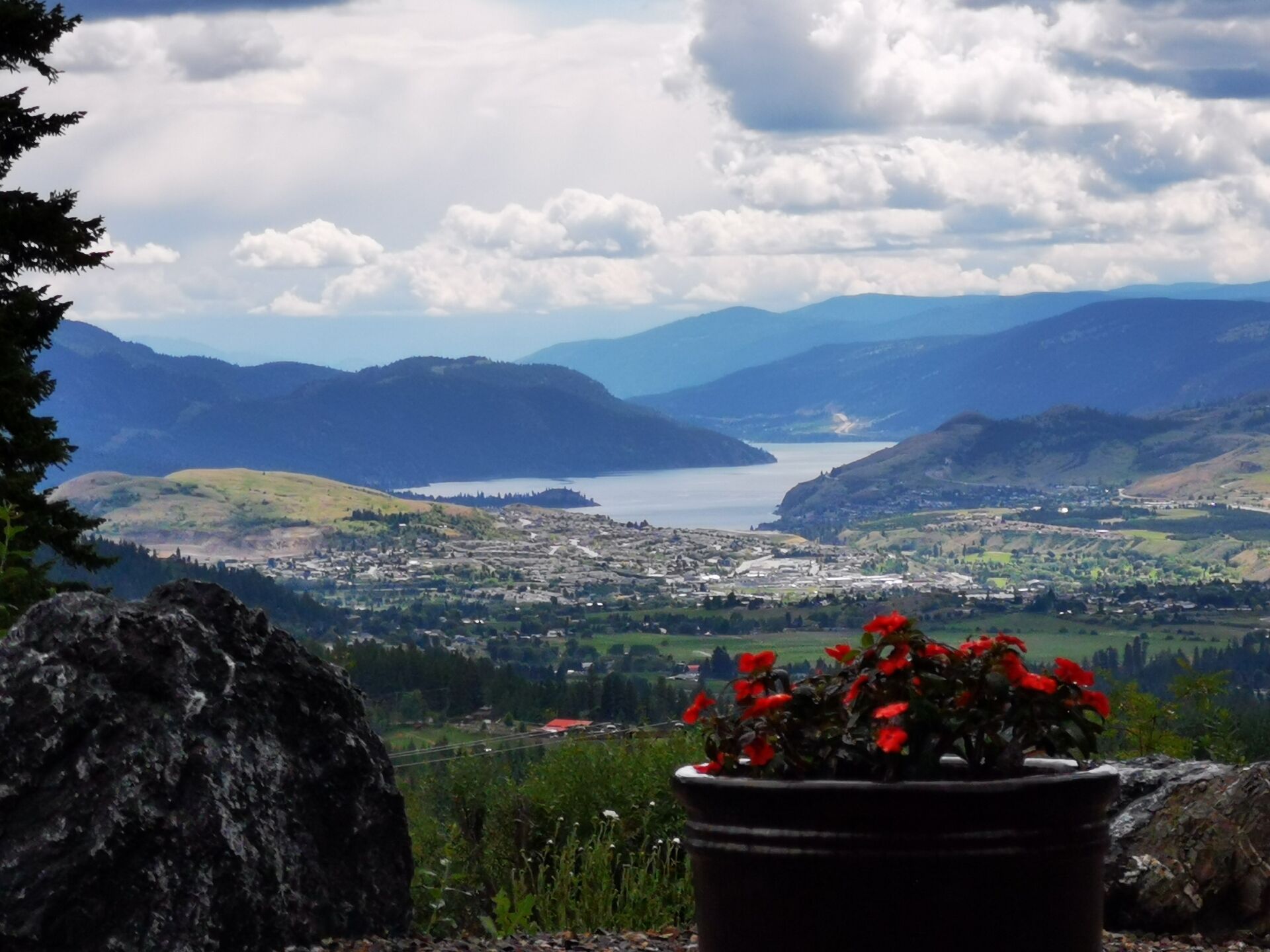 A mountainous landscape with a lake, a town, and a potted plant with red flowers in the foreground.