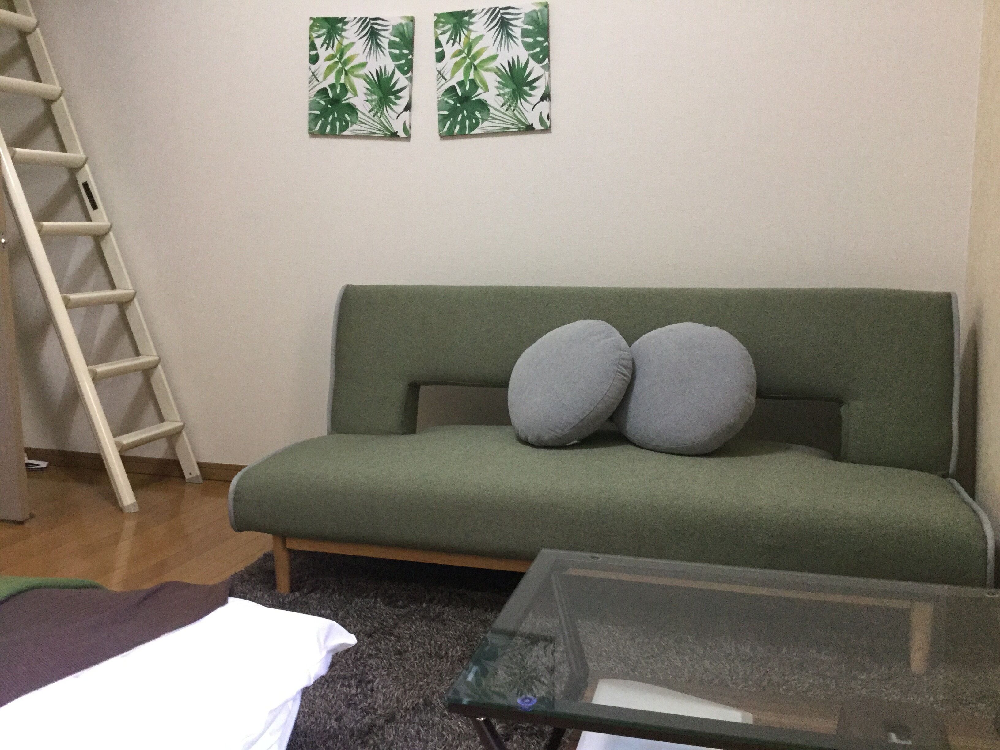 Een kamer met een groene bank, twee grijze kussens, een glazen salontafel, een witte deken en een ladder tegen de muur.