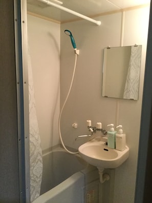 Bañera y ducha independientes, secador de pelo, pantuflas, toallas
