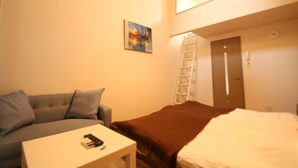 A hotel room with a bed, a couch, a small table, a painting on the wall, a ladder, and a door. - Espoir (Kumamoto)