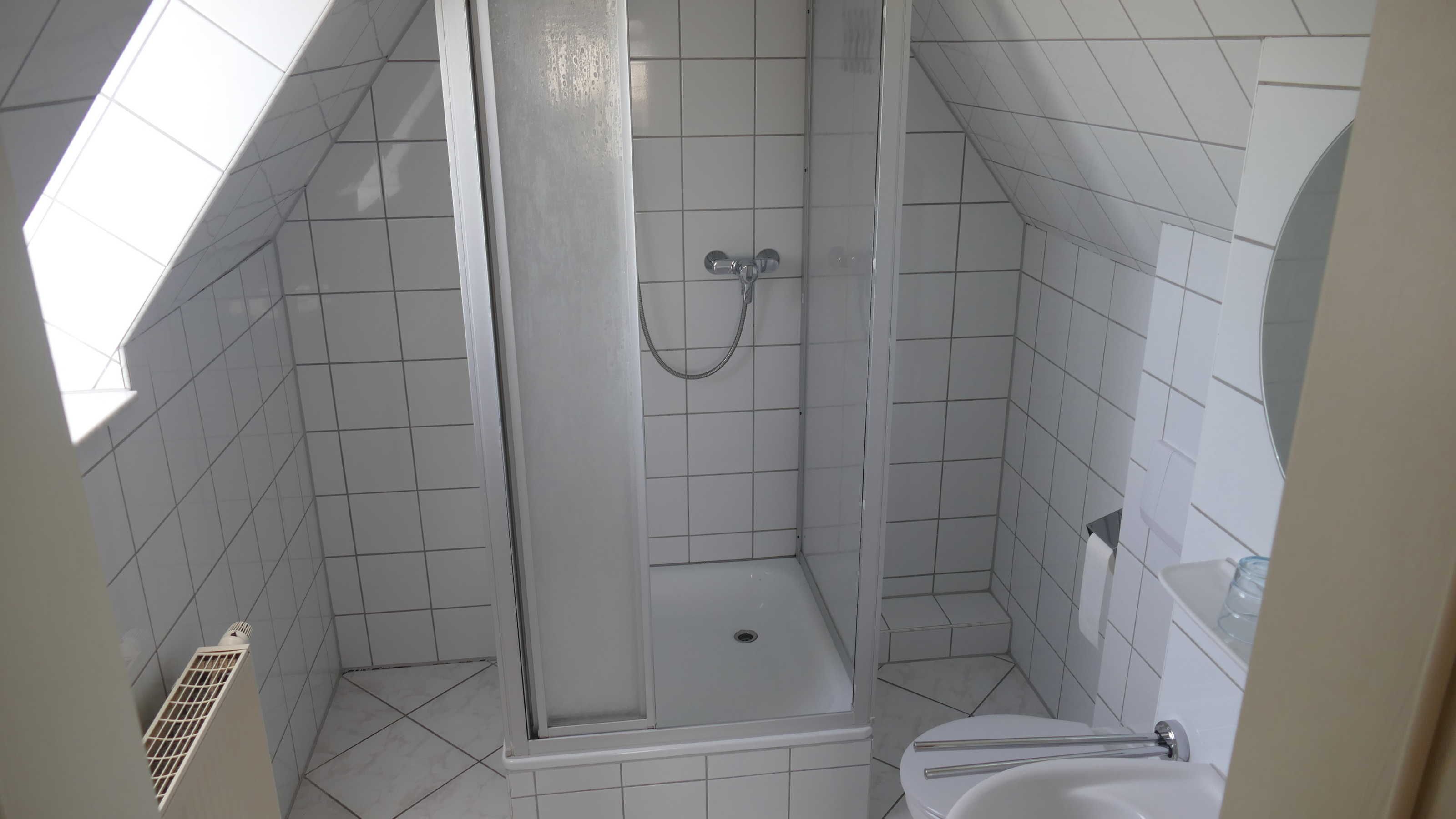 Une petite salle de bain carrelée, équipée d’une douche, de toilettes et d’une fenêtre.