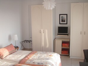 A bedroom with a bed, wardrobe, TV, and storage units.