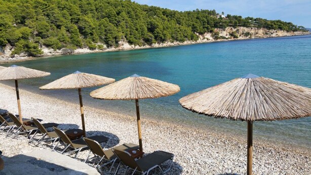 A beach with thatched umbrellas and lounge chairs. - Aloniro - Studio 1 (Alonnisos)