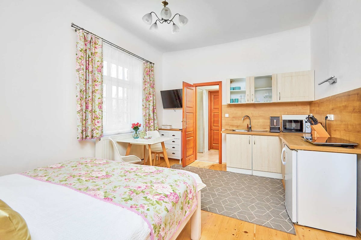 Apartment LEX | Private kitchen | Fridge, microwave, stovetop, espresso maker