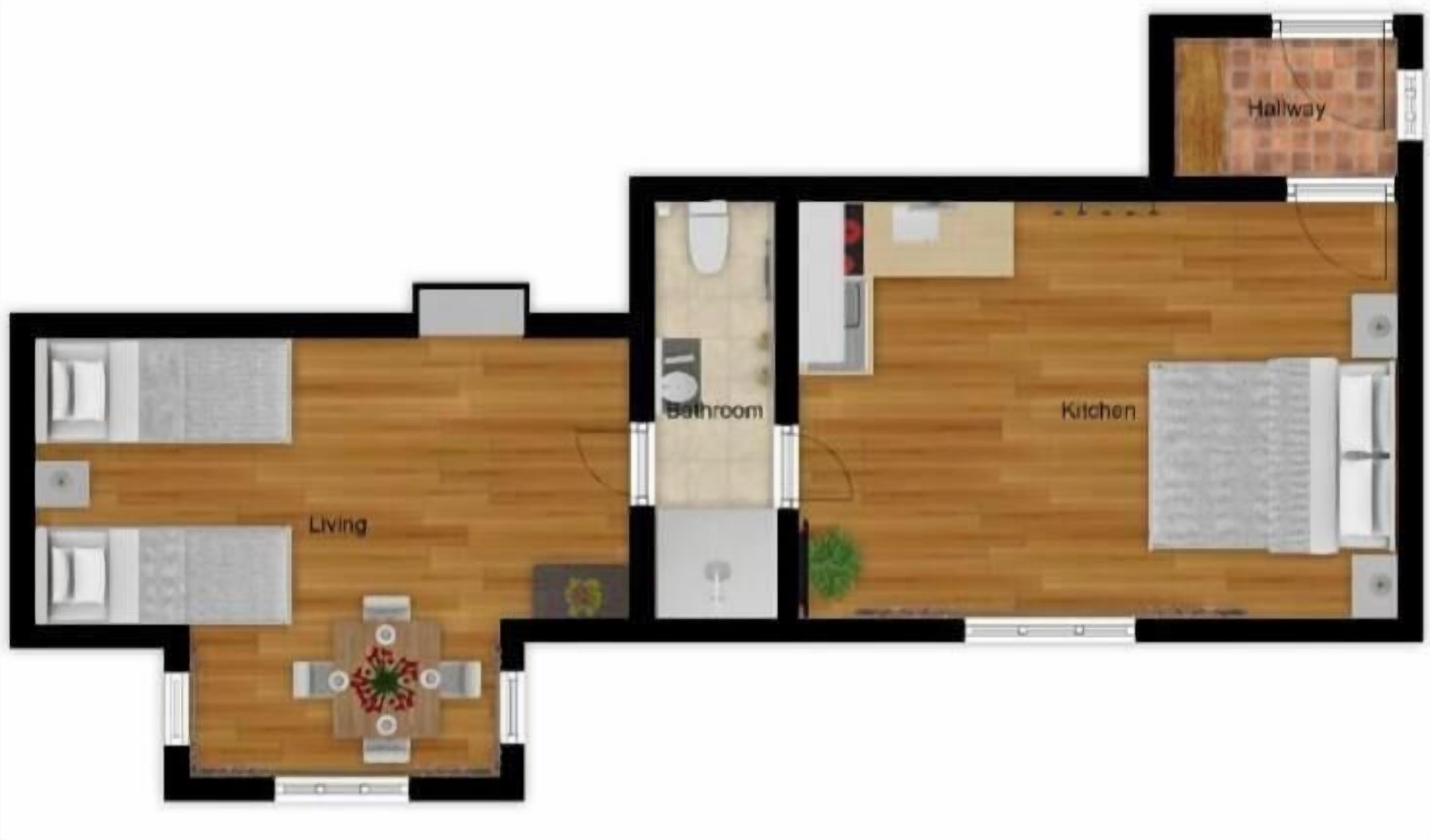 Un plan d’étage d’une maison comprenant un salon, une cuisine, une salle de bain et un couloir.