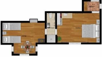 Un plan d’étage d’une maison comprenant un salon, une cuisine, une salle de bain et un couloir.