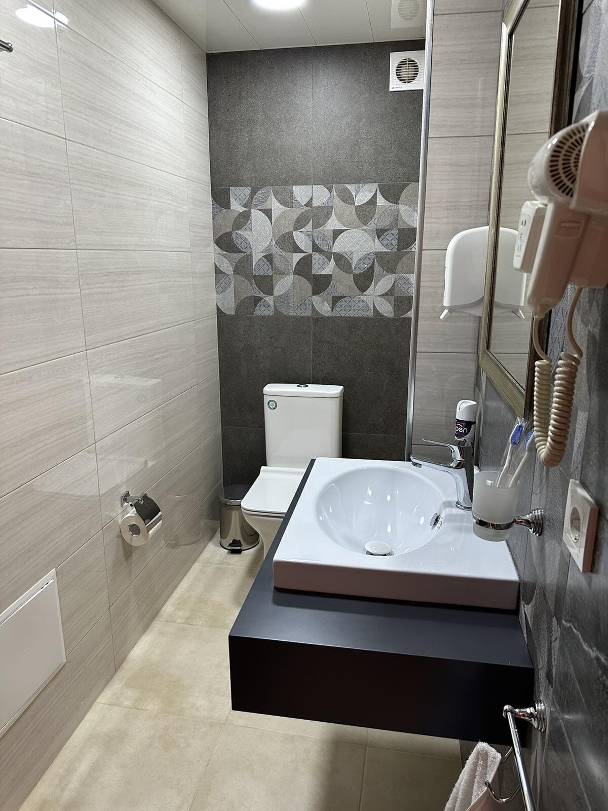 Un baño moderno con un lavabo grande, inodoro y zona de ducha.