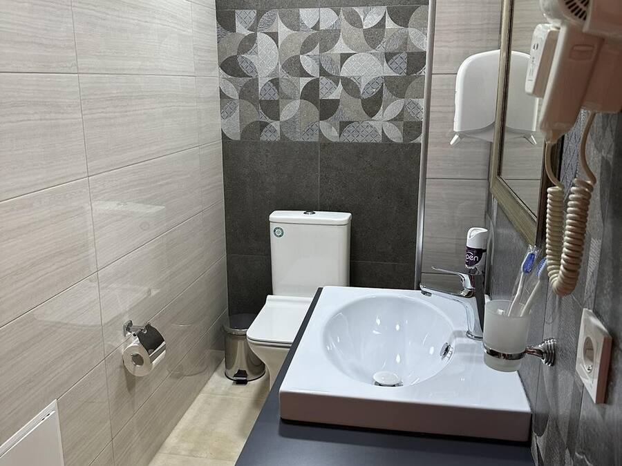 Un baño moderno con un lavabo grande, inodoro y zona de ducha.