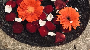 Uma bacia de pedra com água, pétalas de rosa vermelhas e brancas e flores laranjas.