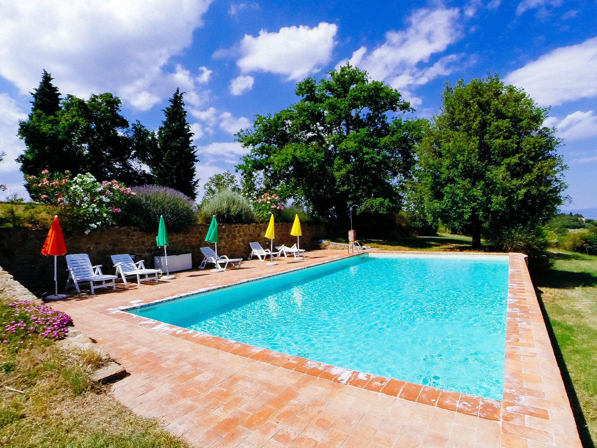 A rectangular swimming pool with a tiled edge, surrounded by a brick patio. There are several lounge chairs and umbrellas along the poolside.