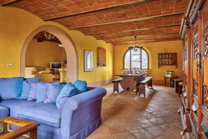 Télévision, cheminée, lecteur de DVD, livres