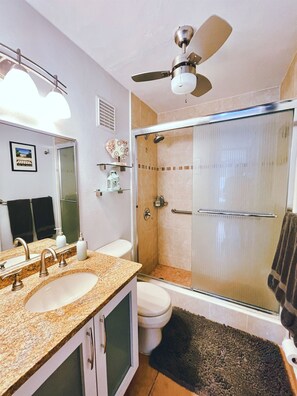 Een badkamer met douche, toilet en wastafel.