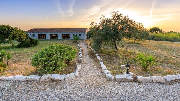 A building with a gravel pathway leading to it, surrounded by greenery and a clear sky. - Residence a Badesi ID 3369 (Trinita d'Agultu e Vignola)