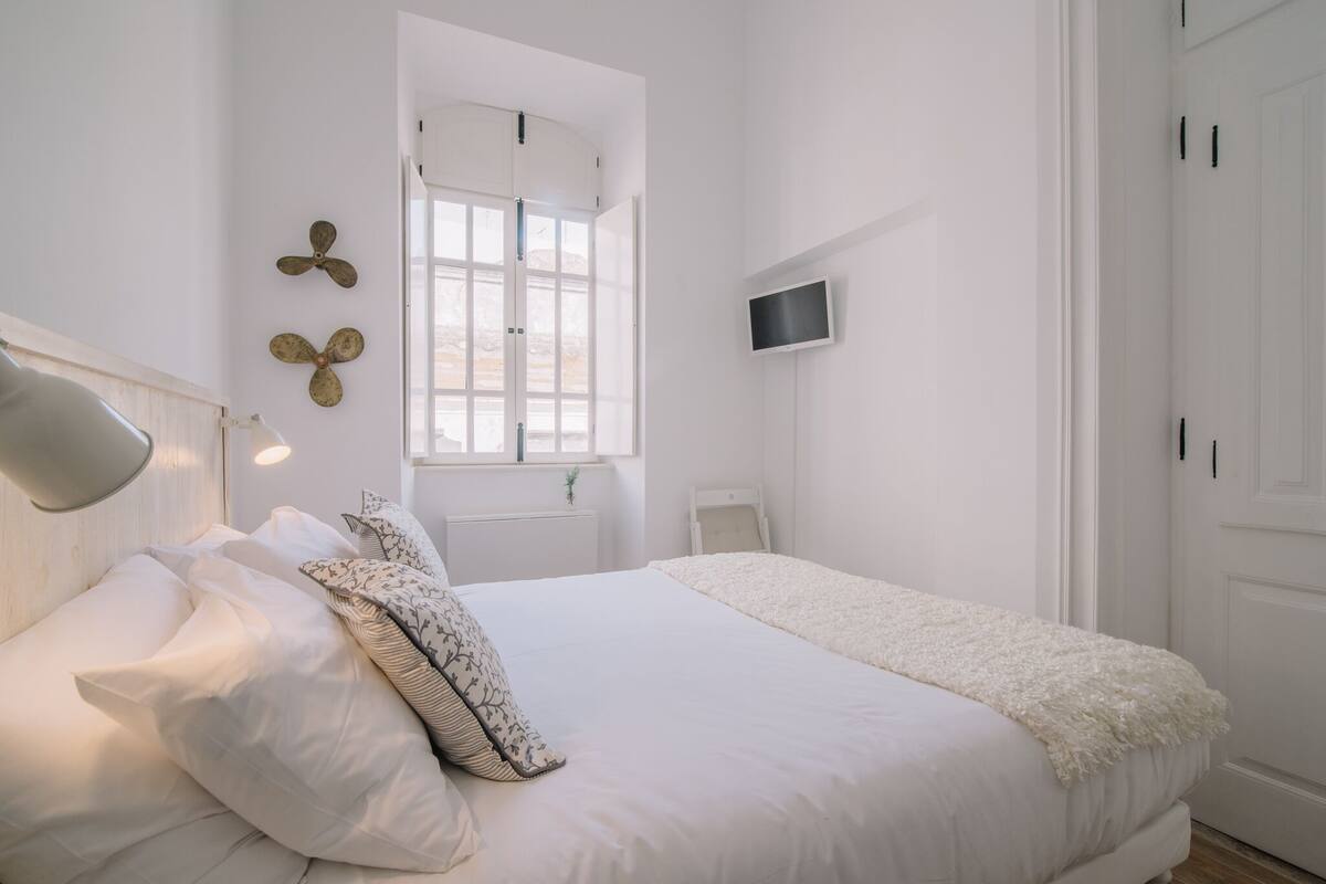 Une chambre à coucher avec un lit, une fenêtre, une télévision et une porte.