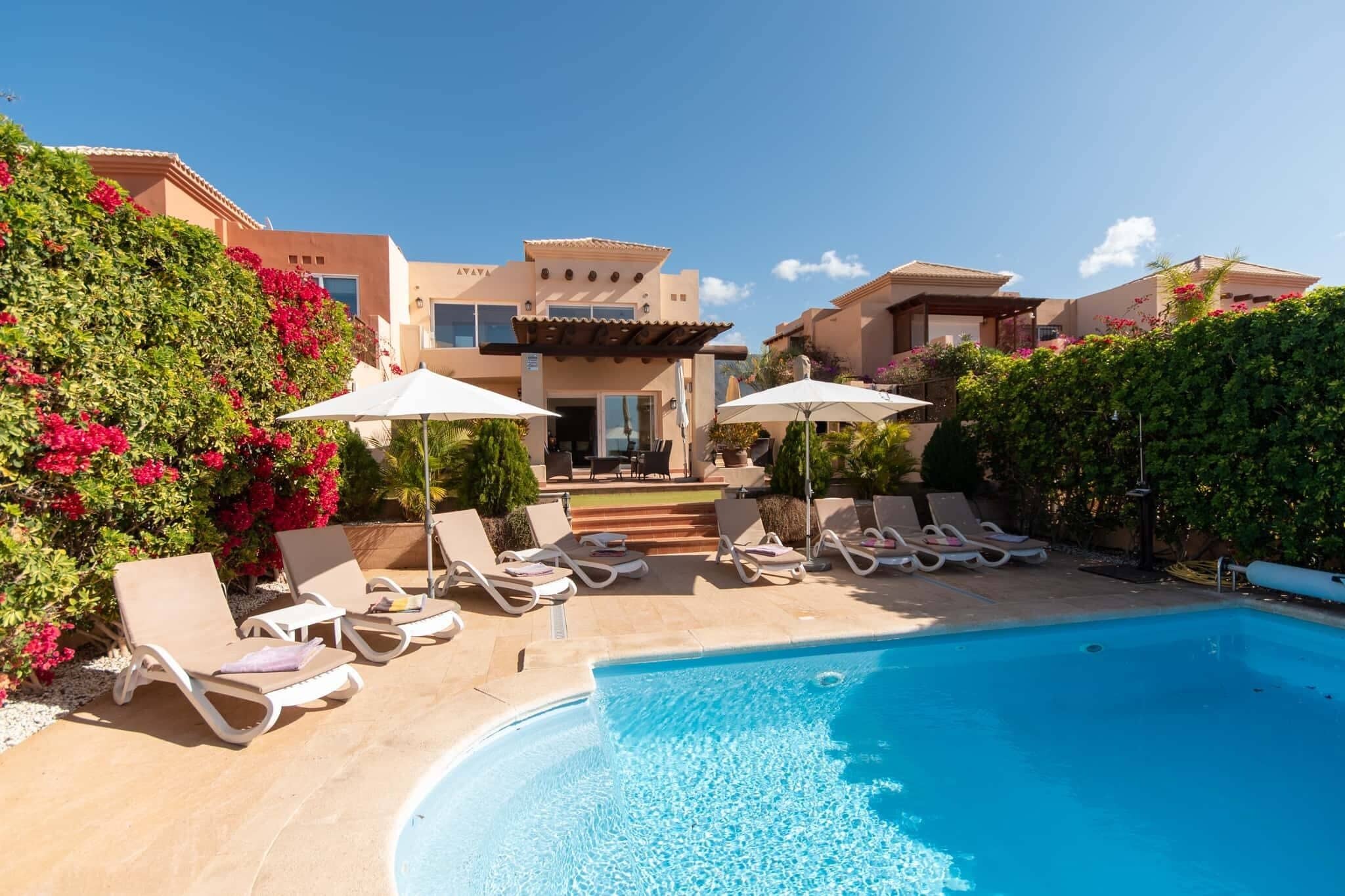 Een buitenzwembad, een verwarmd zwembad en ligstoelen