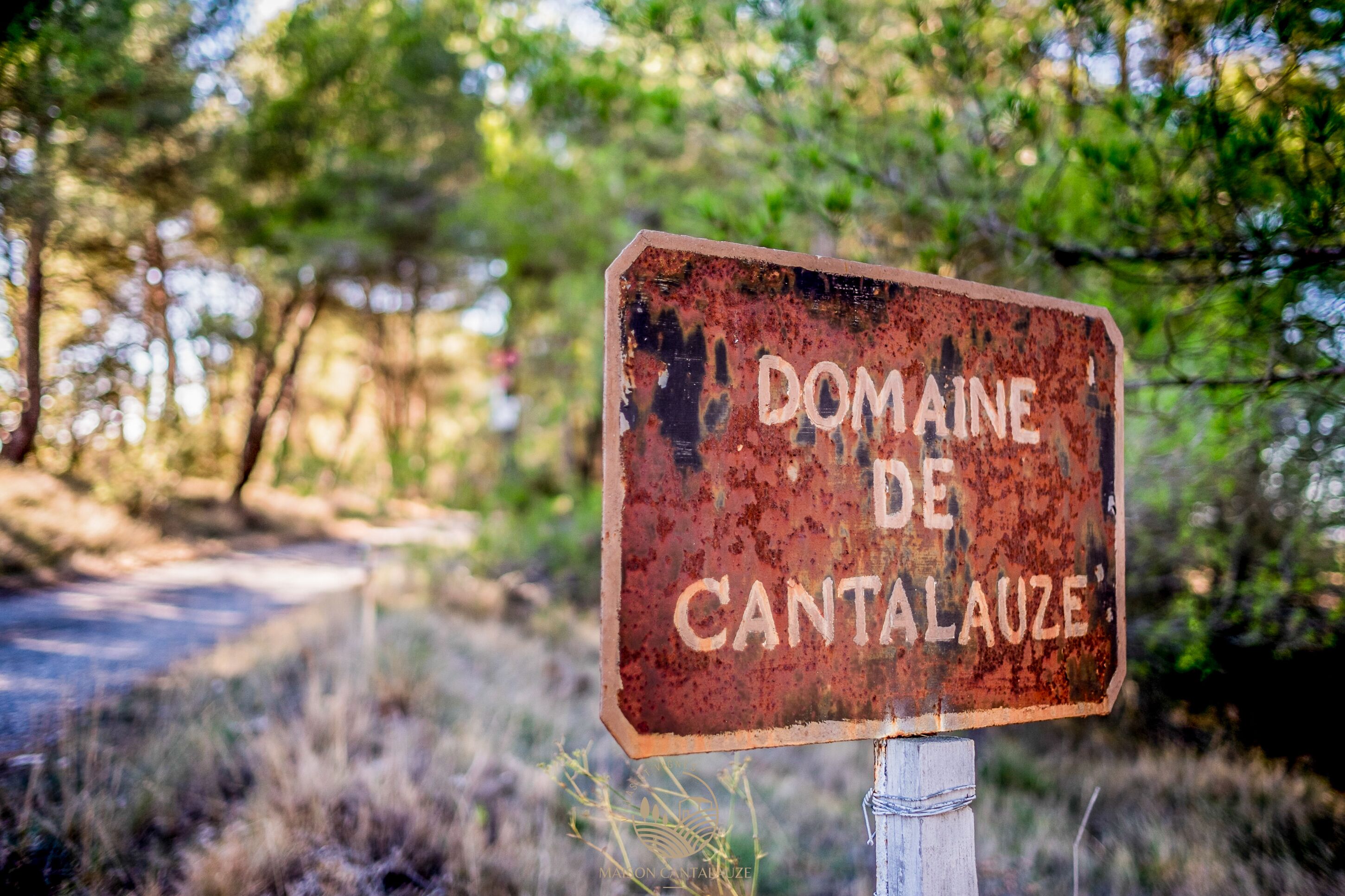 A weathered sign with the text "DOMAINE DE CANTALAUZE" in a rustic font, mounted on a wooden post.