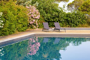 A swimming pool with two lounge chairs and lush greenery in the background. - La Maison Vigneronne (Trebes)