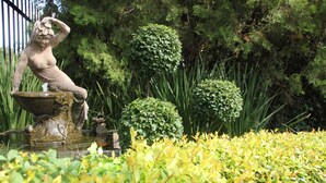A statue of a woman sitting on a fountain in a garden with lush greenery and a metal fence in the background. - Lamor Guest House (Middelburg)