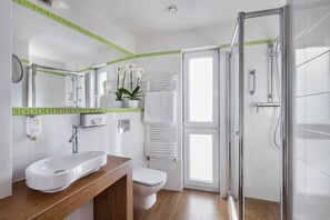 Eco-friendly toiletries, hair dryer, towels, soap