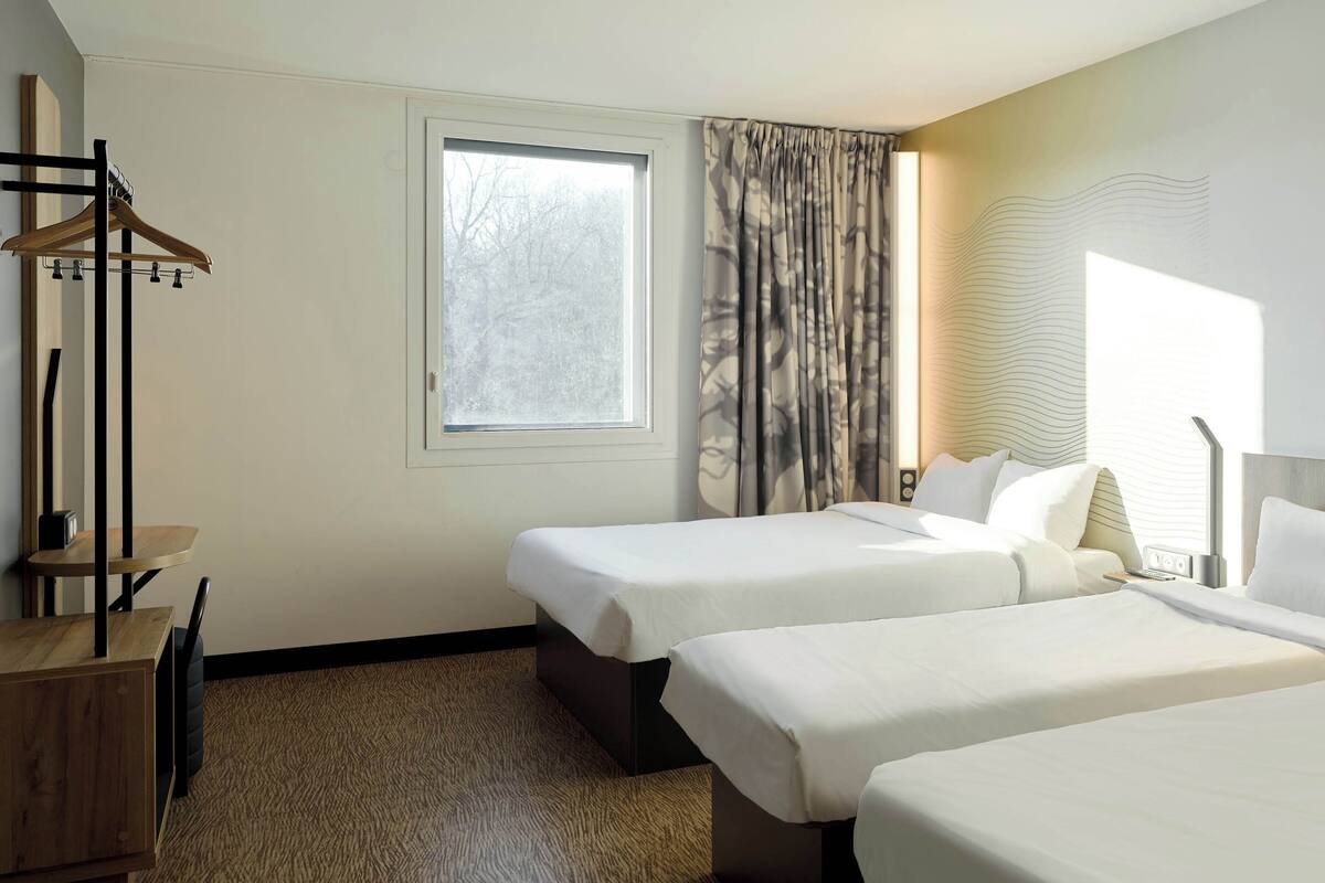 Habitación de hotel con dos camas, un escritorio de madera, un perchero, una ventana con vistas a árboles y una cortina estampada.