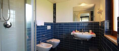 Een moderne badkamer met een douchecabine van glas, twee hygiëneschuiven, een wastafel en een toilet.
