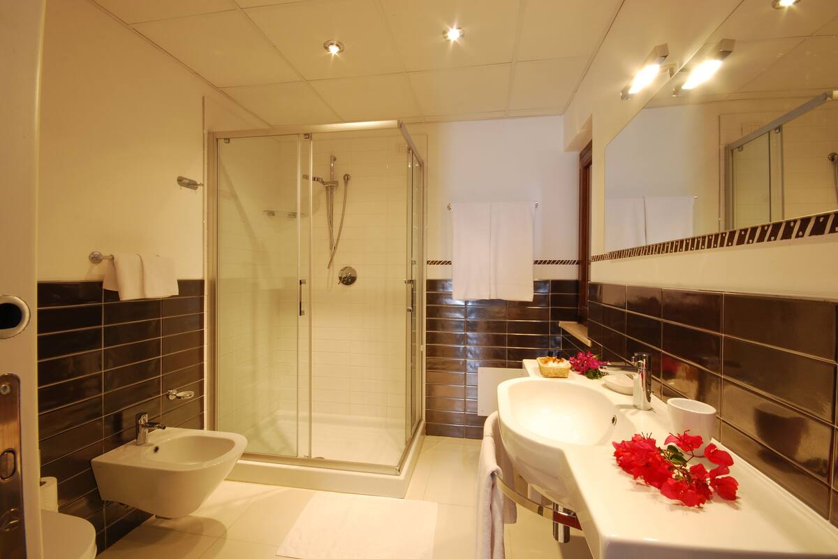 quadruple room | bathroom | shower, rainfall showerhead, free toiletries, hair dryer