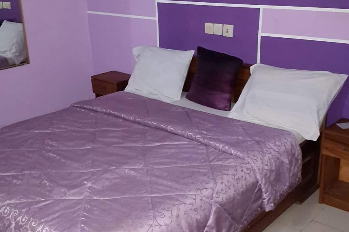 A bed with a purple bedspread, white pillows, and a purple pillow. There are two nightstands with a mirror and a light switch on the wall.