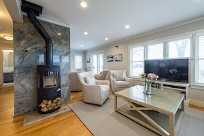 TV, DVD player, books, video library