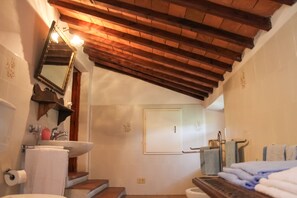 Secadora de cabello, toallas, papel de baño 