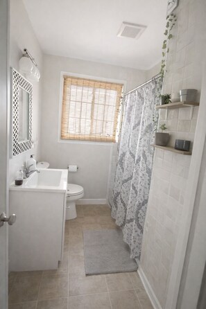 Shower, hair dryer, towels, toilet paper