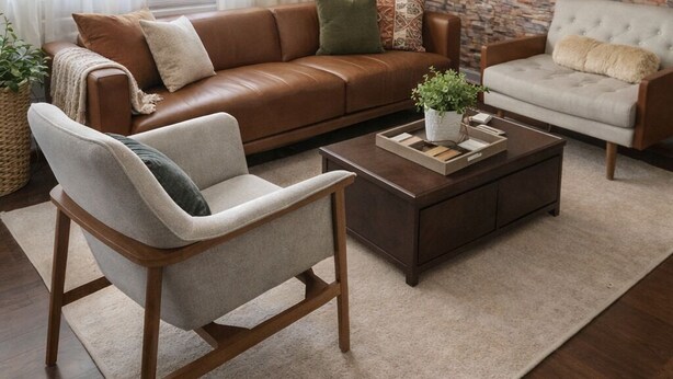 A living room with a brown leather sofa, a white armchair, a dark wooden coffee table, and a large woven pendant light.